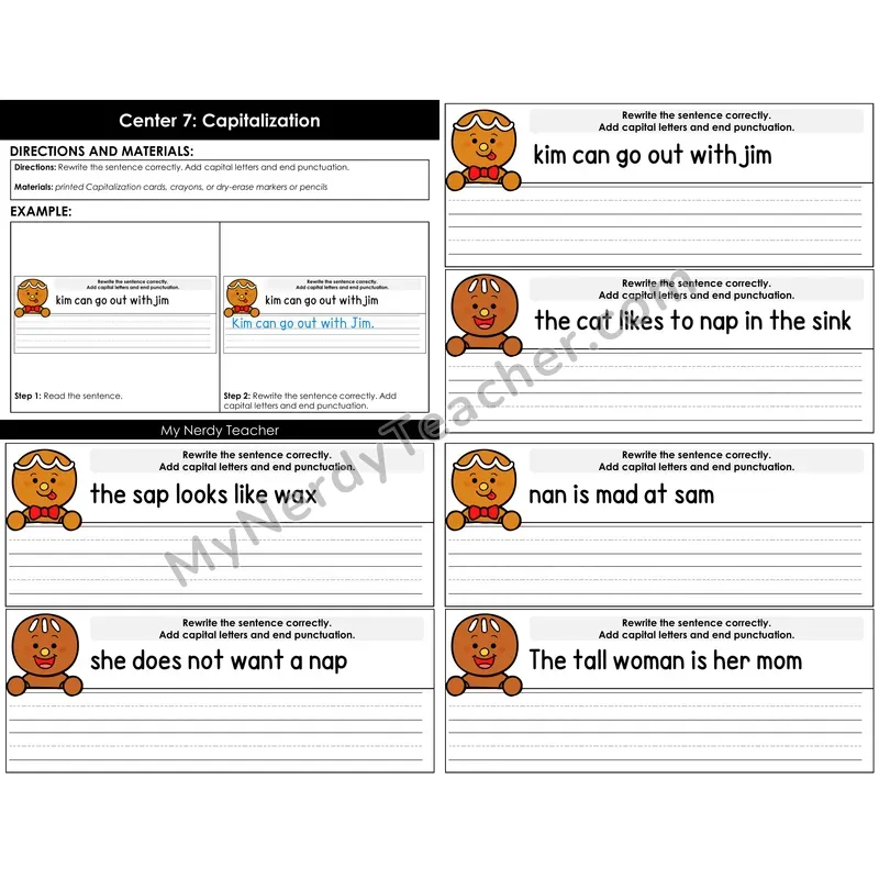 Morning Bins: Capitalization and Punctuation Sentence Rewrite — Winter Gingerbread