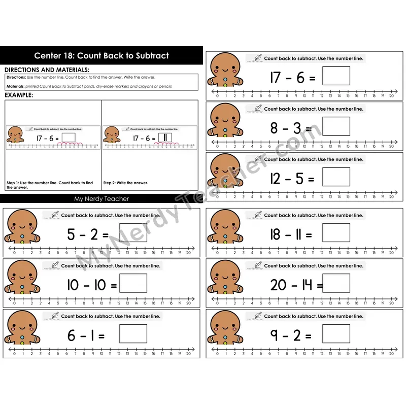 Morning Bins: Count Back to Subtract Number Line Cards — Winter Gingerbread