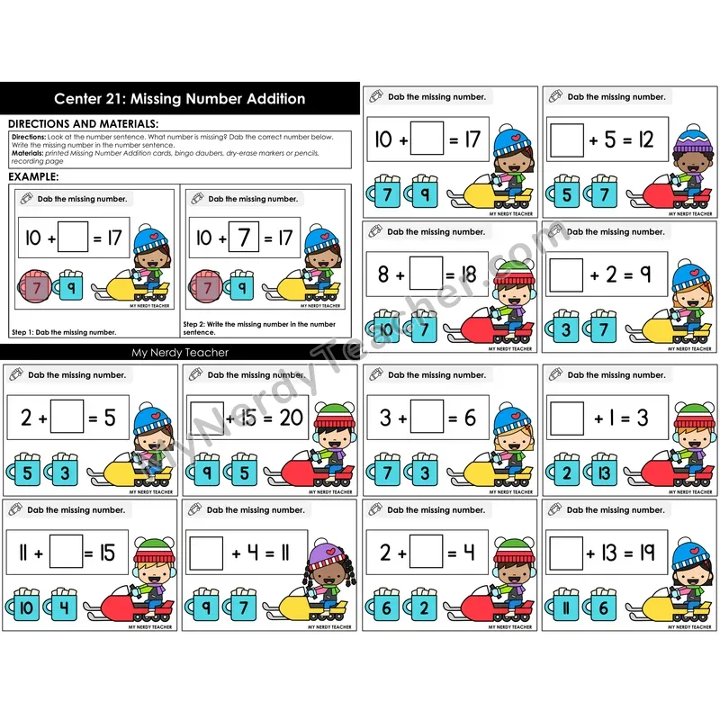 Morning Bins: Missing Addend Addition to 20 Task Cards — Winter Theme