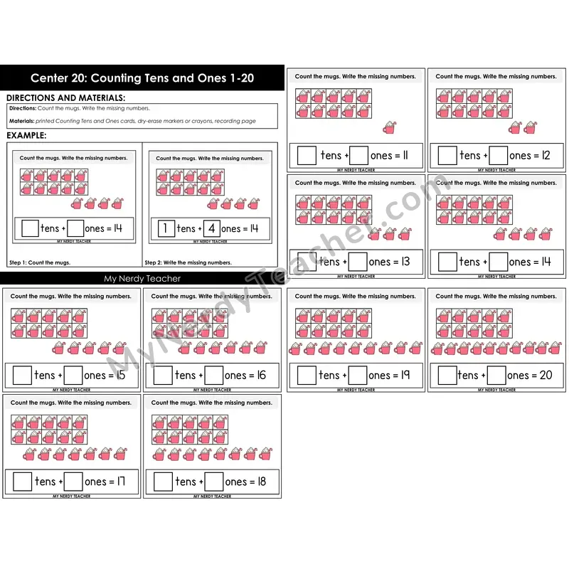 Morning Bins: Counting Tens and Ones to 20 Place Value Cards — Winter Mugs