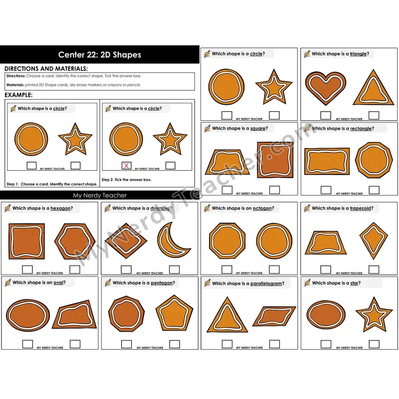 Morning Bins: 2D Shapes Identification Task Cards — Winter Gingerbread Theme