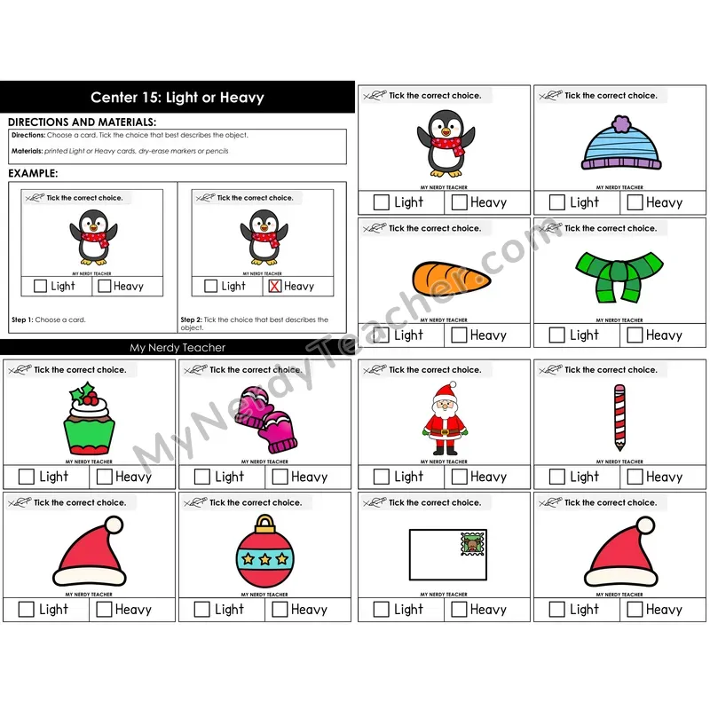 Morning Bins: Light or Heavy Measurement Sort — Winter Theme