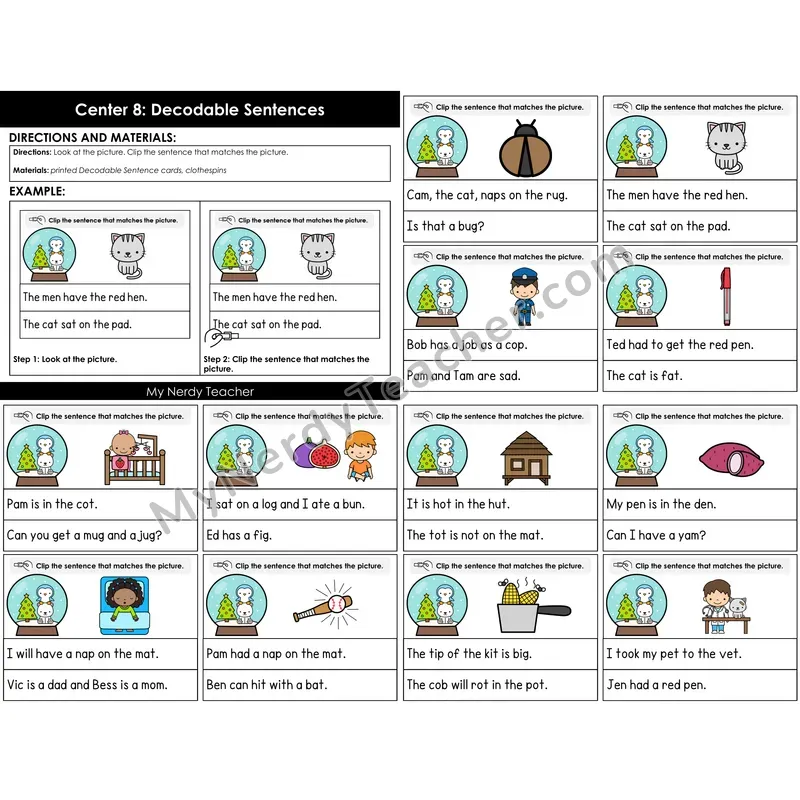 Morning Bins: CVC Decodable Sentences Clip Cards — Winter Theme
