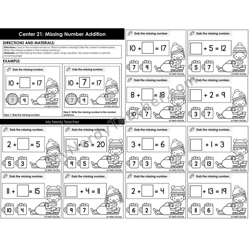 Morning Bins: Missing Addend Addition to 20 Task Cards — Winter Theme