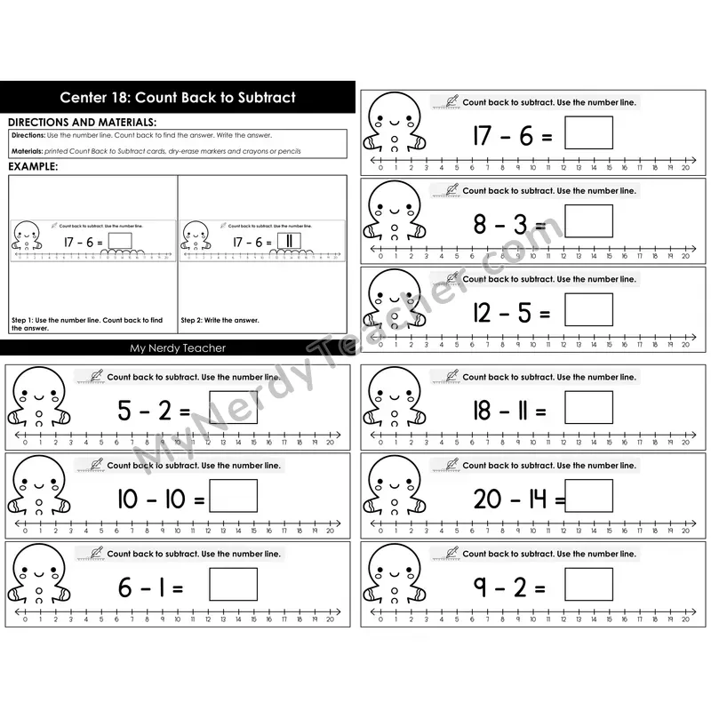 Morning Bins: Count Back to Subtract Number Line Cards — Winter Gingerbread