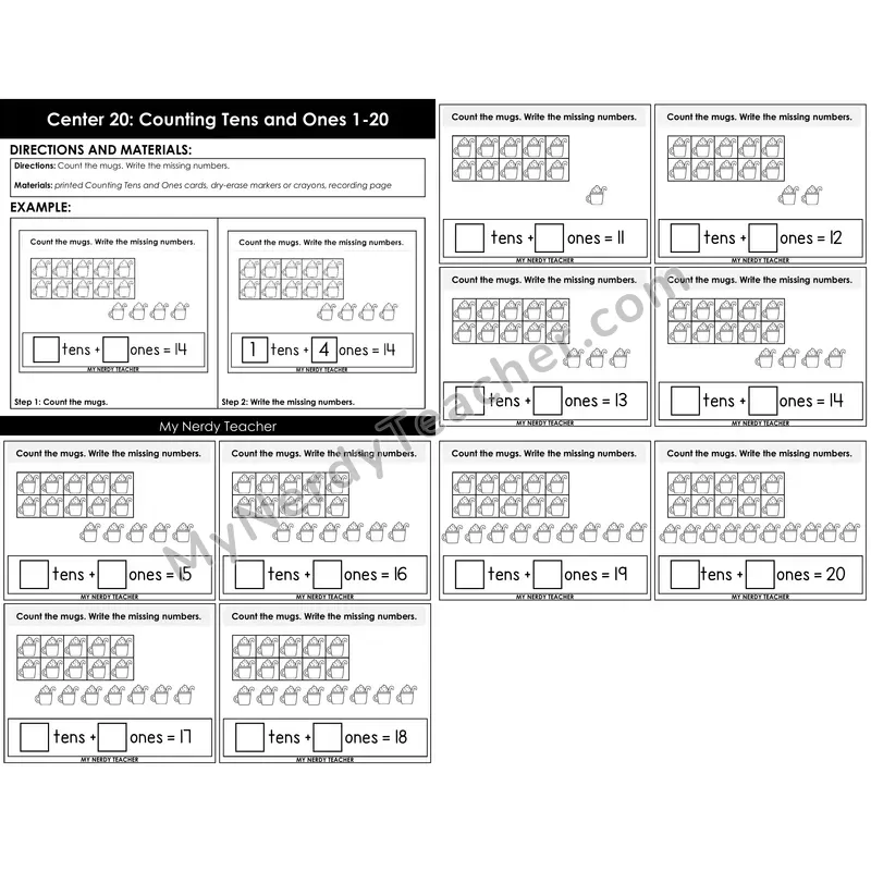 Morning Bins: Counting Tens and Ones to 20 Place Value Cards — Winter Mugs