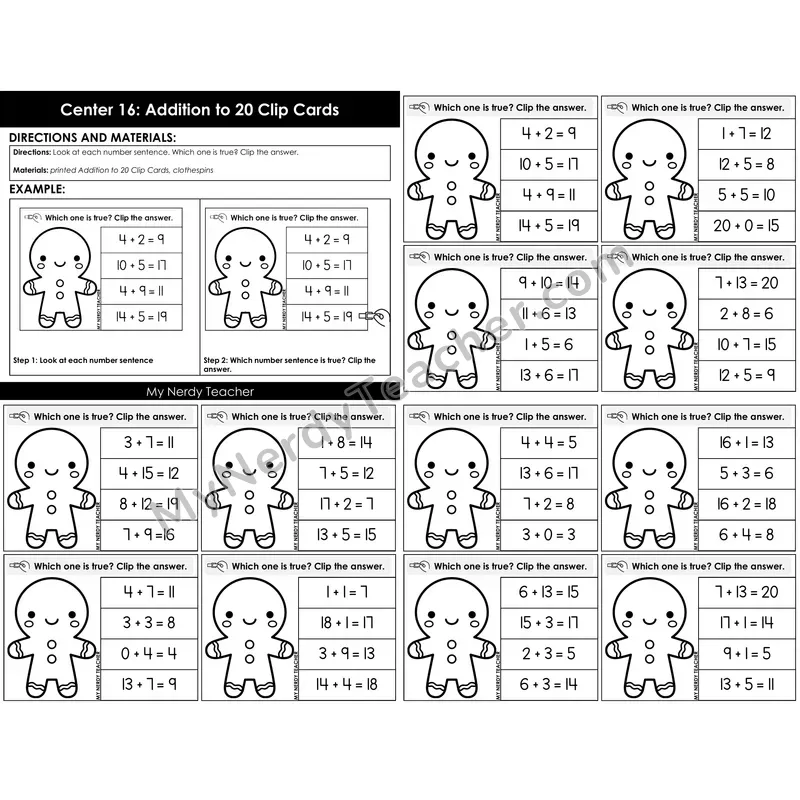 Morning Bins: Addition to 20 True or False Clip Cards — Winter Gingerbread