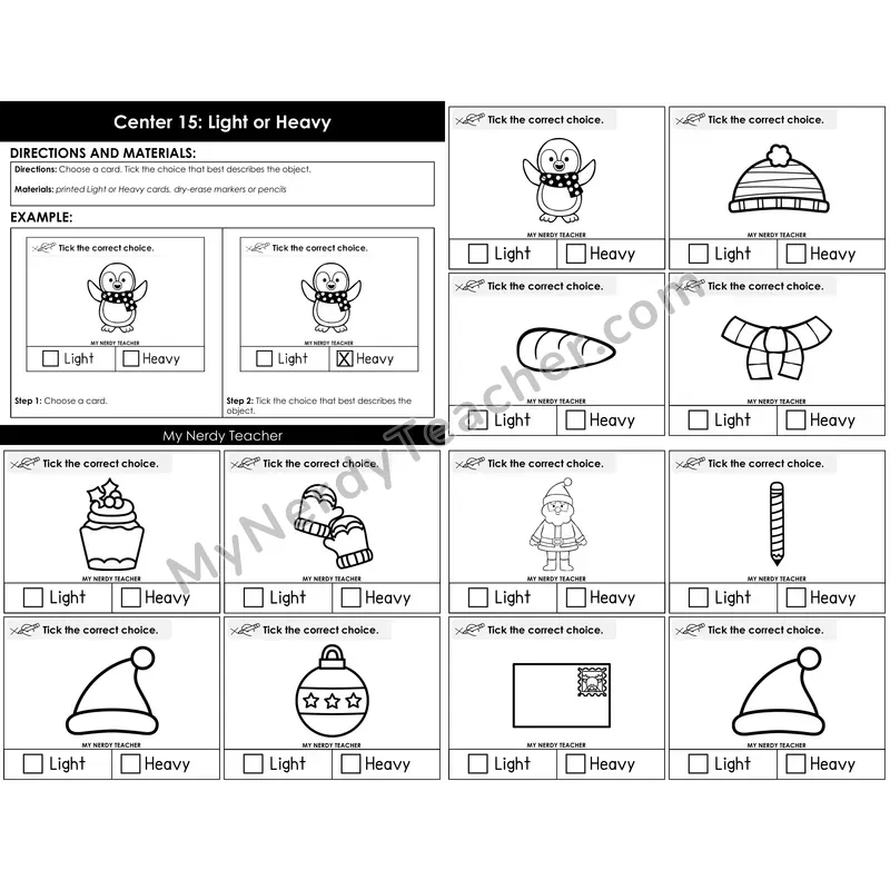 Morning Bins: Light or Heavy Measurement Sort — Winter Theme