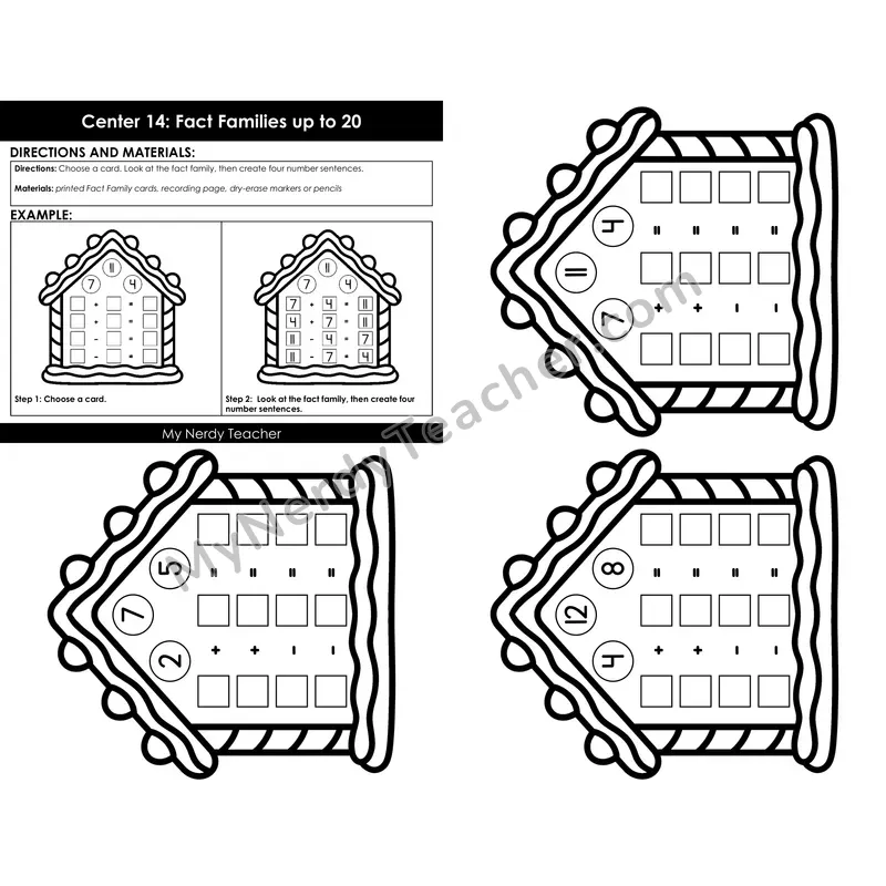 Morning Bins: Fact Families within 20 Task Cards — Winter Gingerbread Houses