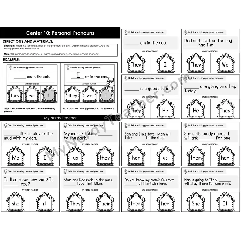 Morning Bins: Personal Pronouns Grammar Cards — Winter Gingerbread Theme