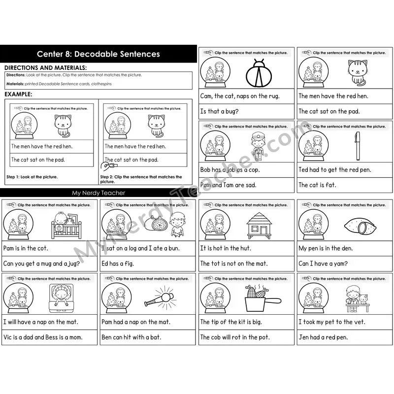 Morning Bins: CVC Decodable Sentences Clip Cards — Winter Theme
