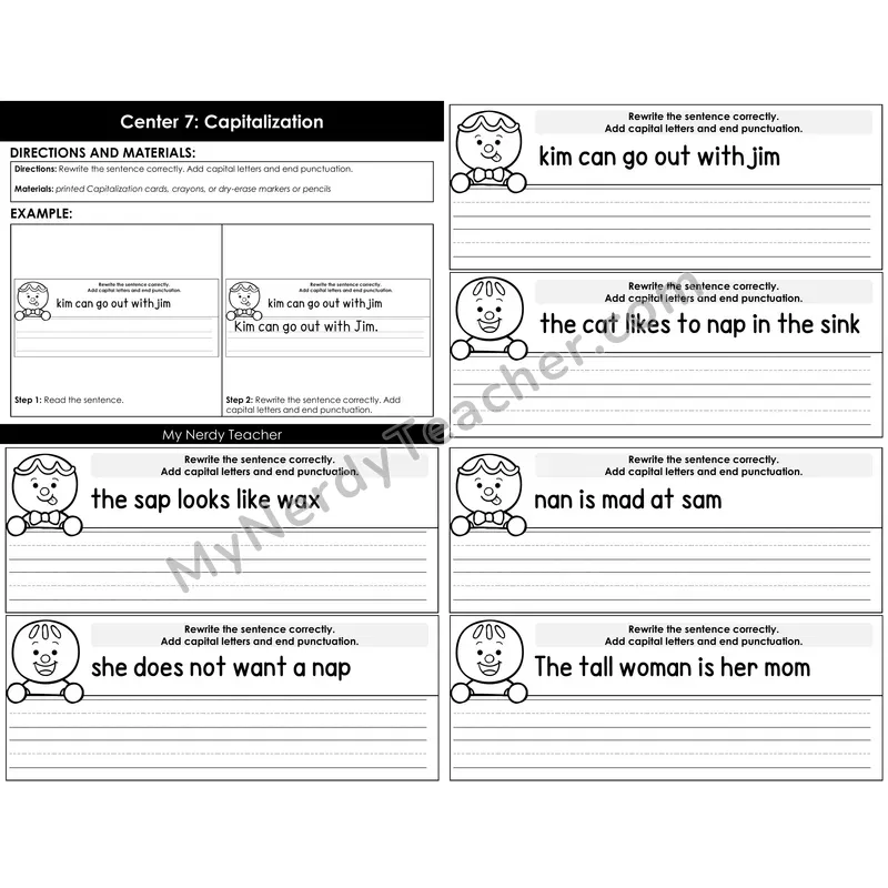 Morning Bins: Capitalization and Punctuation Sentence Rewrite — Winter Gingerbread
