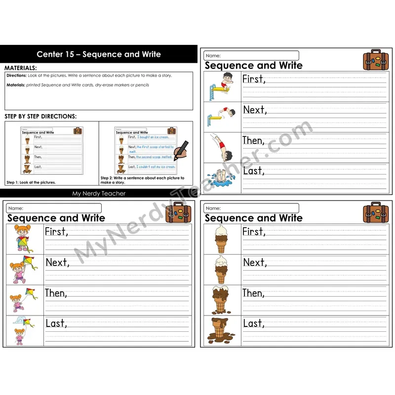 Morning Bins: Sequence and Write Story Cards — Summer Theme (First, Next, Then, Last)