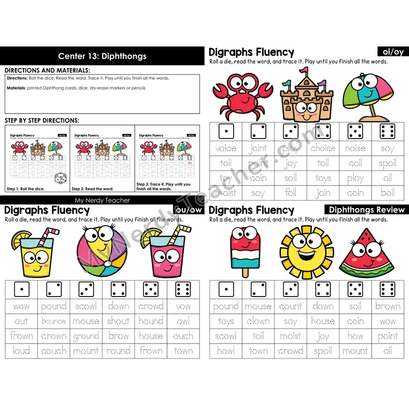 Morning Bins: Diphthongs Roll and Read Fluency — Summer Theme (oi, oy, ou, ow)