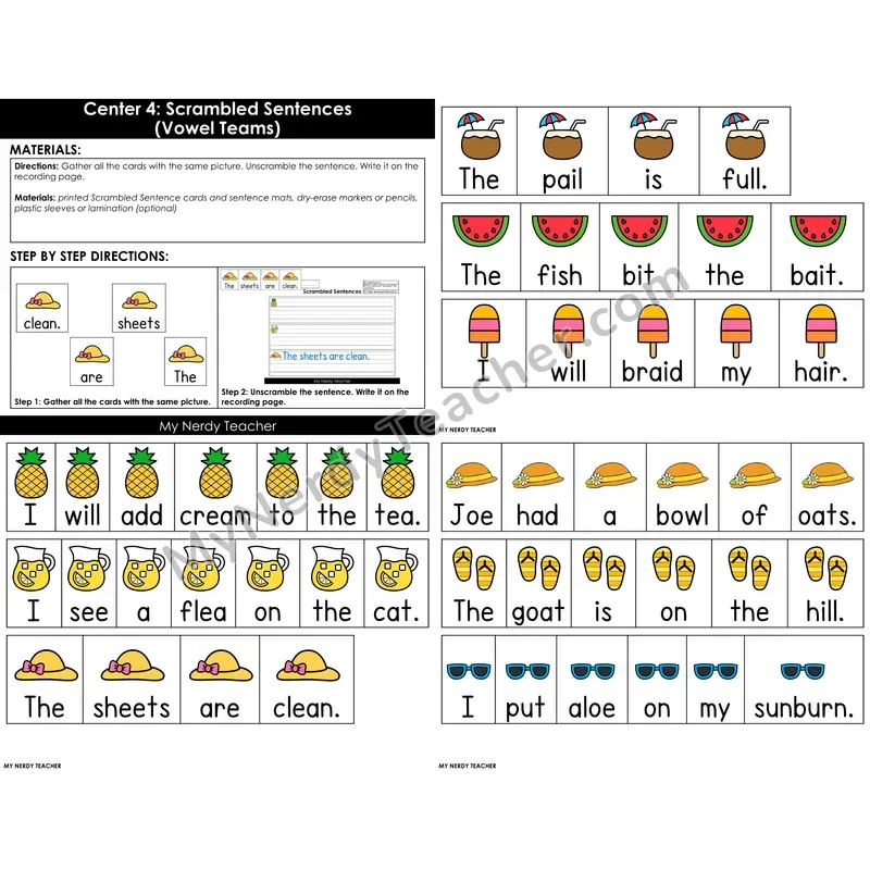 Morning Bins: Scrambled Sentences with Vowel Teams — Summer Theme