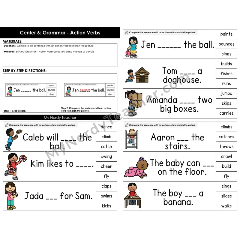 Morning Bins: Action Verbs Sentence Completion Cards