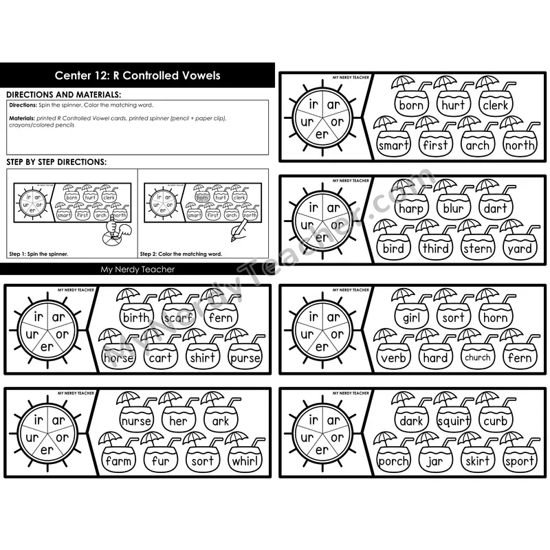 Morning Bins: R-Controlled Vowels Spin and Color Cards — Summer Theme (ar, or, er, ir, ur)