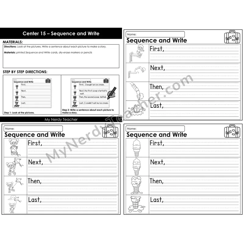 Morning Bins: Sequence and Write Story Cards — Summer Theme (First, Next, Then, Last)