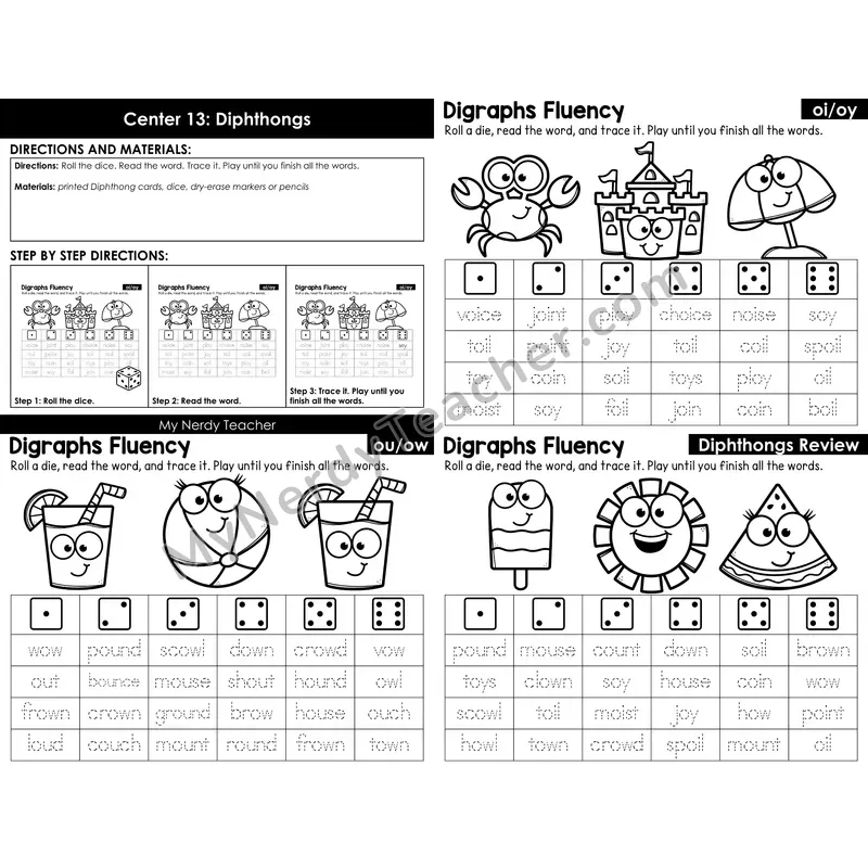 Morning Bins: Diphthongs Roll and Read Fluency — Summer Theme (oi, oy, ou, ow)
