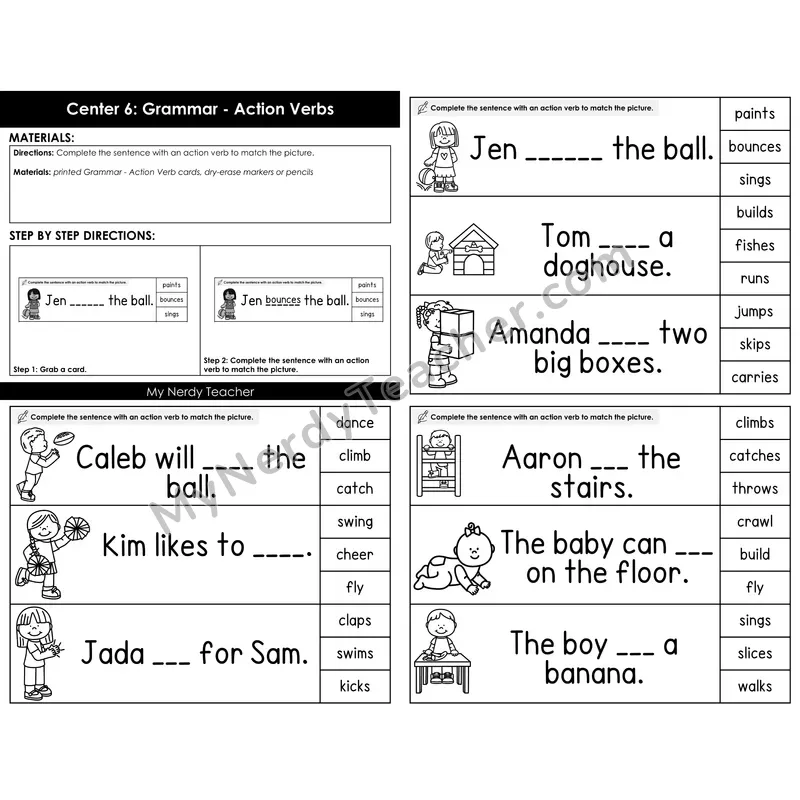 Morning Bins: Action Verbs Sentence Completion Cards
