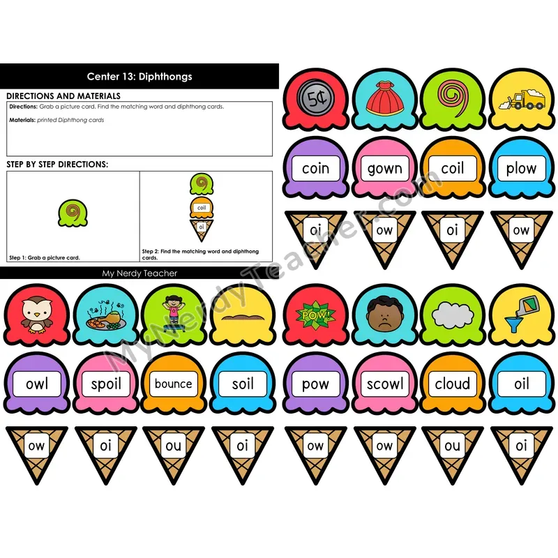 Morning Bins: Diphthongs Picture Match Cards — Spring Ice Cream Theme