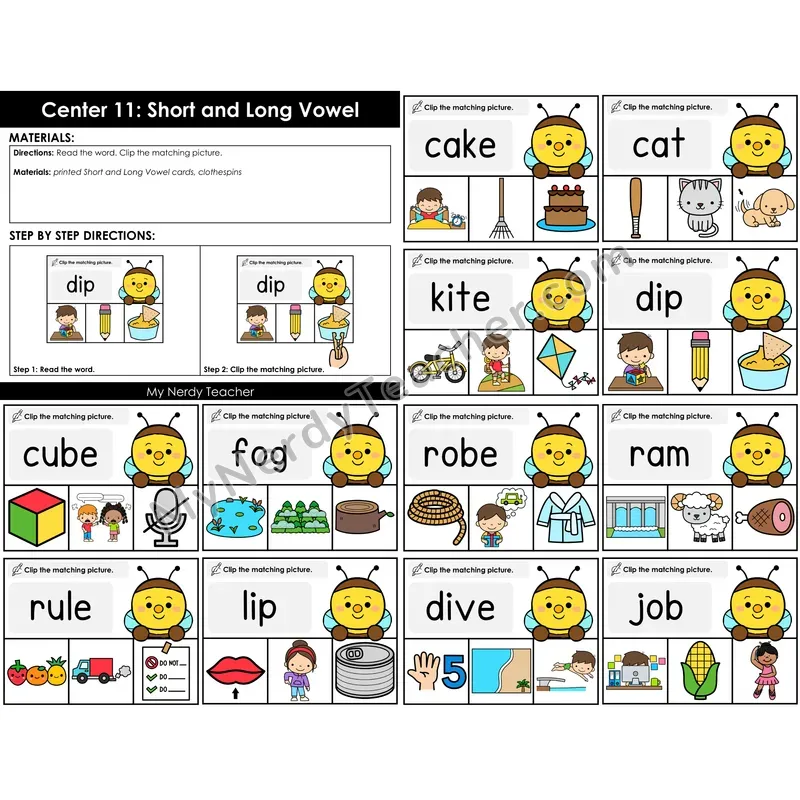 Morning Bins: Short and Long Vowel Clip Cards — Spring Bee Theme