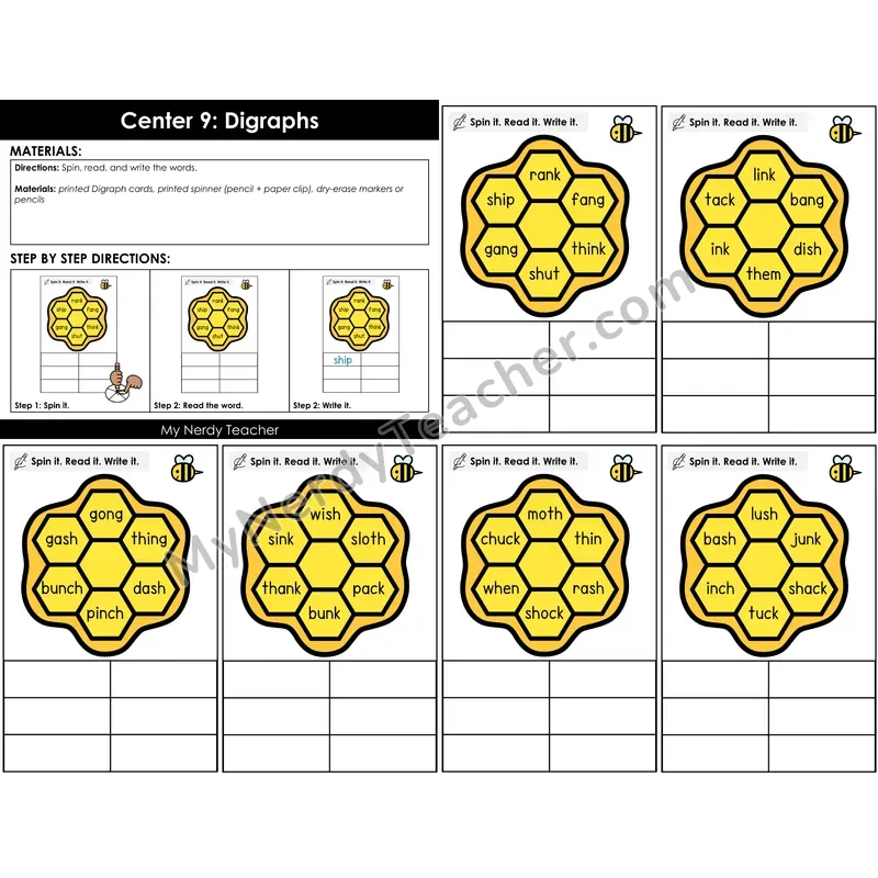 Morning Bins: Digraphs Spin Read Write Cards — Spring Bee Theme
