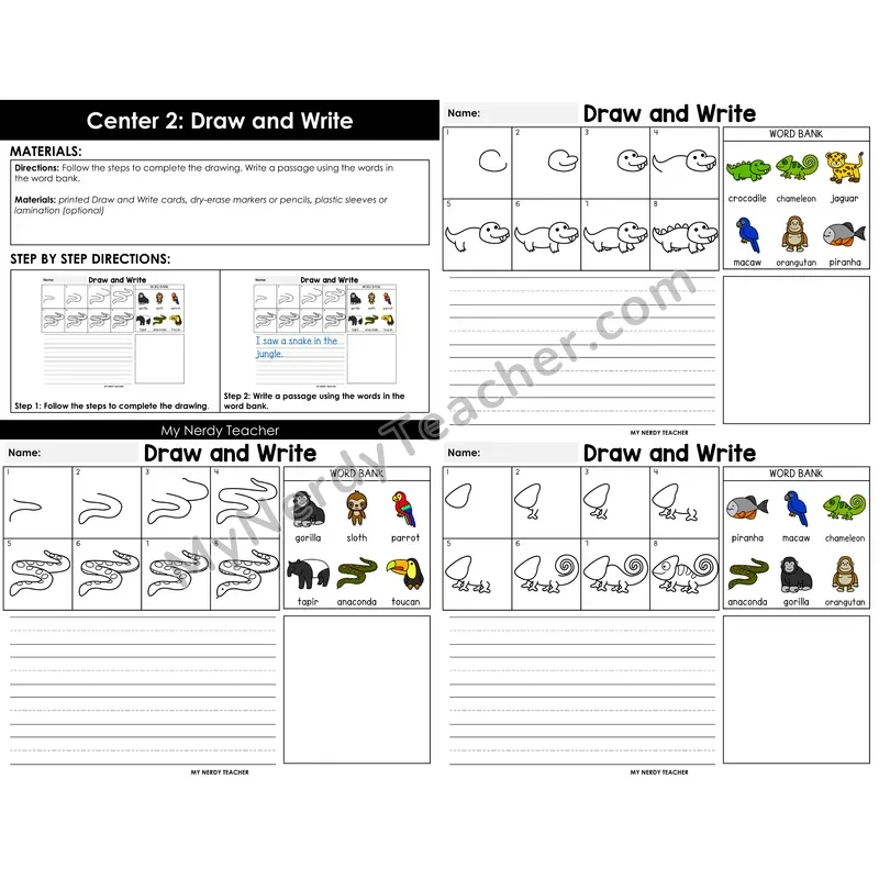 Morning Bins: Directed Drawing and Sentence Writing — Rainforest Safari Theme