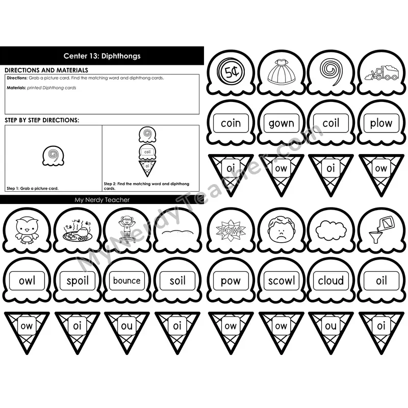 Morning Bins: Diphthongs Picture Match Cards — Spring Ice Cream Theme