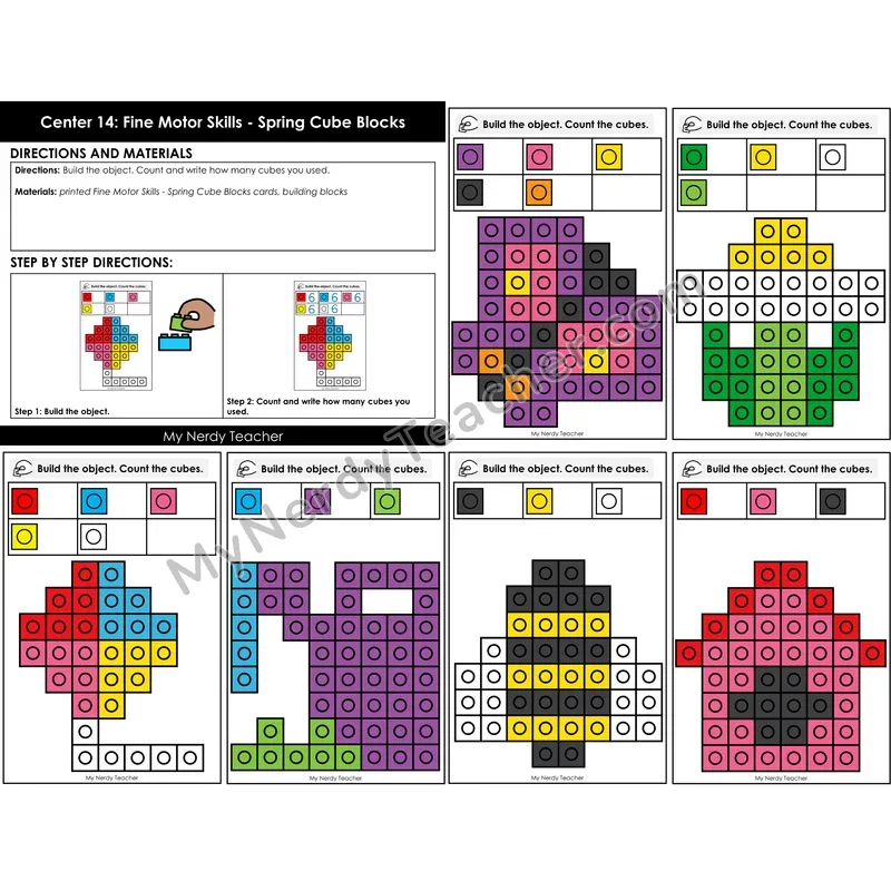 Morning Bins: Fine Motor Cube Block Building Cards — Spring Theme