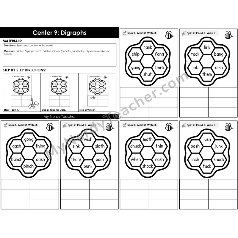 Morning Bins: Digraphs Spin Read Write Cards — Spring Bee Theme