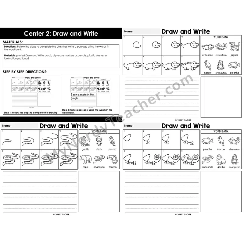 Morning Bins: Directed Drawing and Sentence Writing — Rainforest Safari Theme