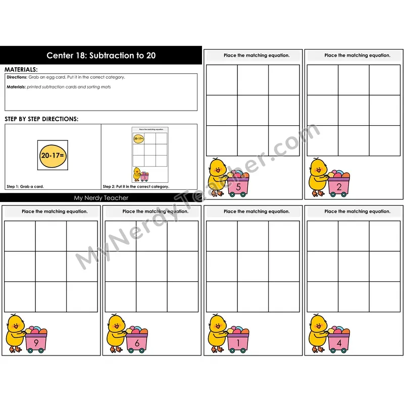 Morning Bins: Subtraction to 20 Sort Cards — Spring Easter Chick Theme