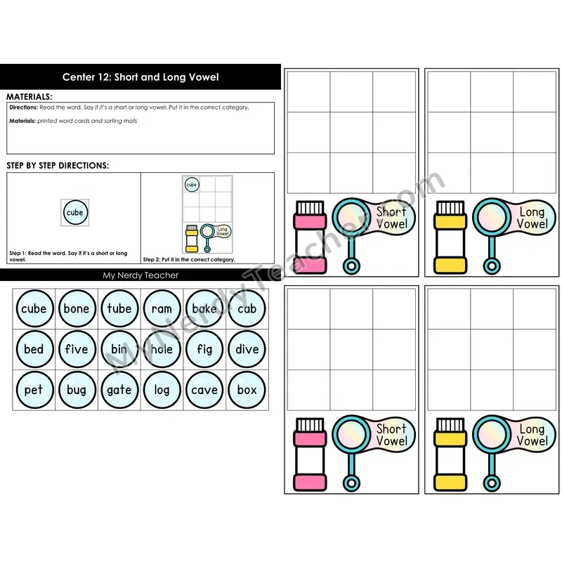 Morning Bins: Short and Long Vowel Word Sort — Spring Theme