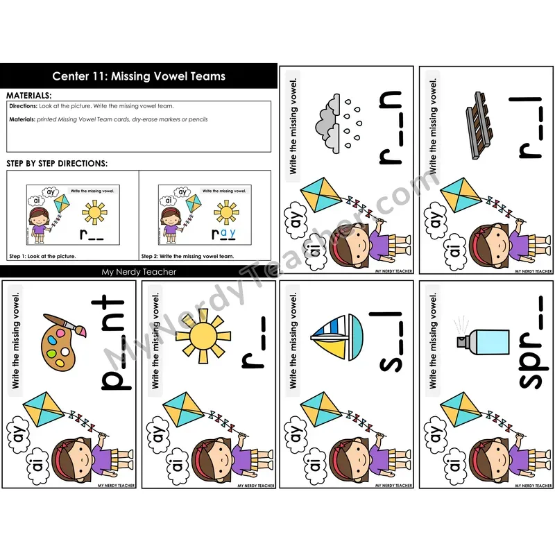 Morning Bins: Missing Vowel Teams Cards — Spring Kite Theme (ai, ay)