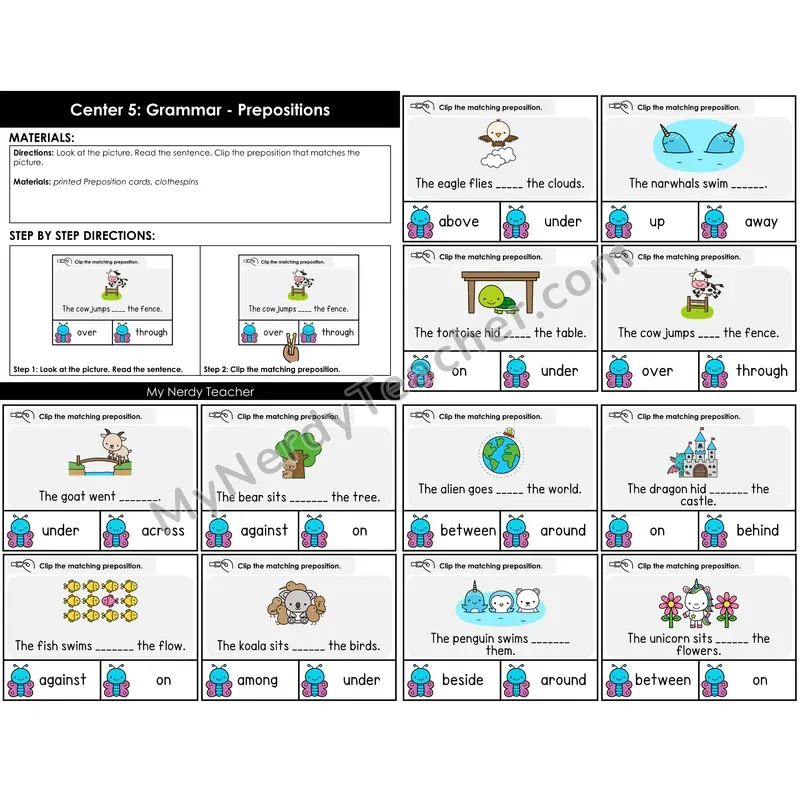 Morning Bins: Prepositions Clip Cards — Spring Theme