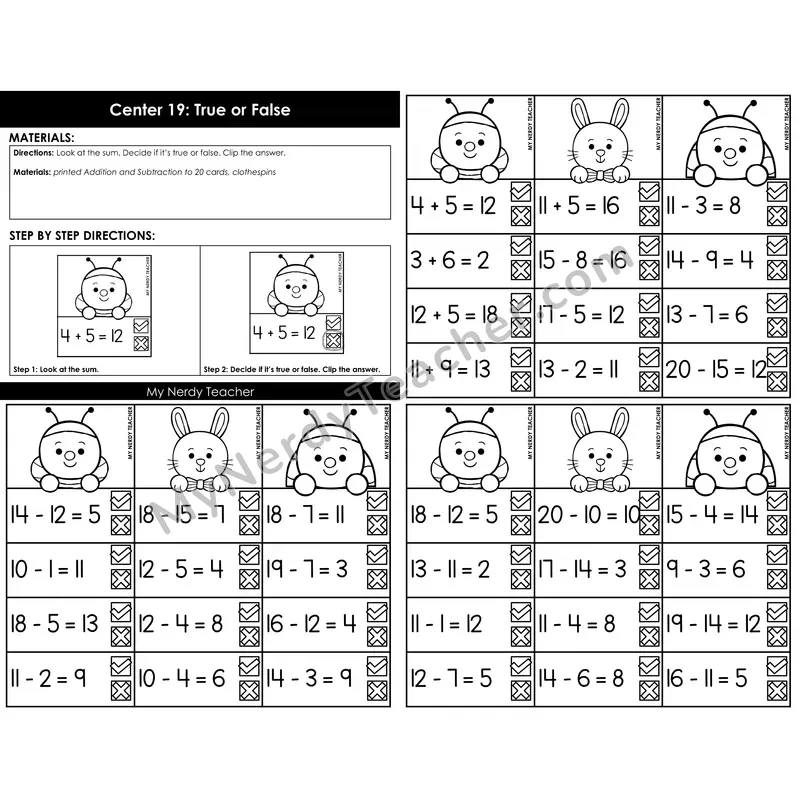 Morning Bins: Addition and Subtraction to 20 True or False Clip Cards — Spring Bugs Theme