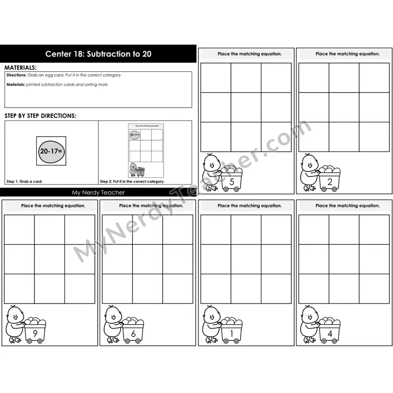 Morning Bins: Subtraction to 20 Sort Cards — Spring Easter Chick Theme