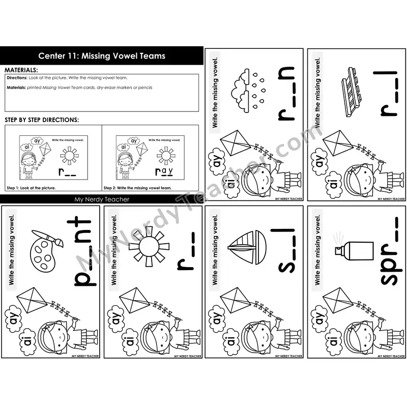 Morning Bins: Missing Vowel Teams Cards — Spring Kite Theme (ai, ay)