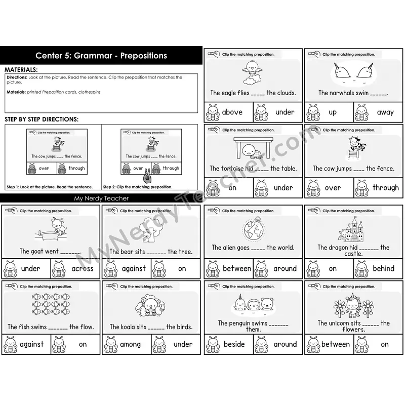 Morning Bins: Prepositions Clip Cards — Spring Theme