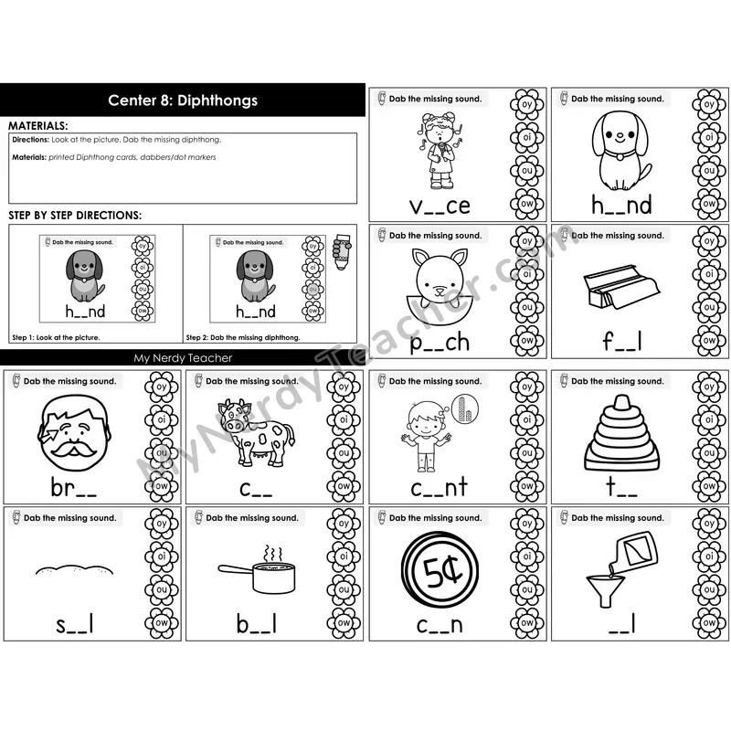 Morning Bins: Missing Diphthongs Dab Cards — Spring Flower Theme (oi, oy, ou, ow)