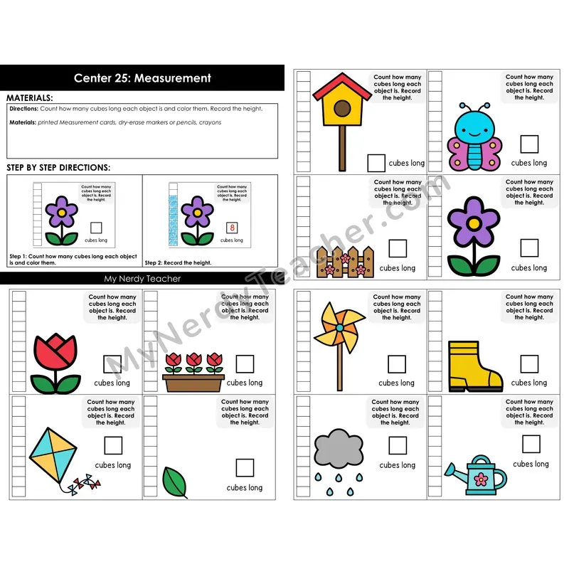 Morning Bins: Non-Standard Measurement Cards — Spring Theme (Cubes Long)