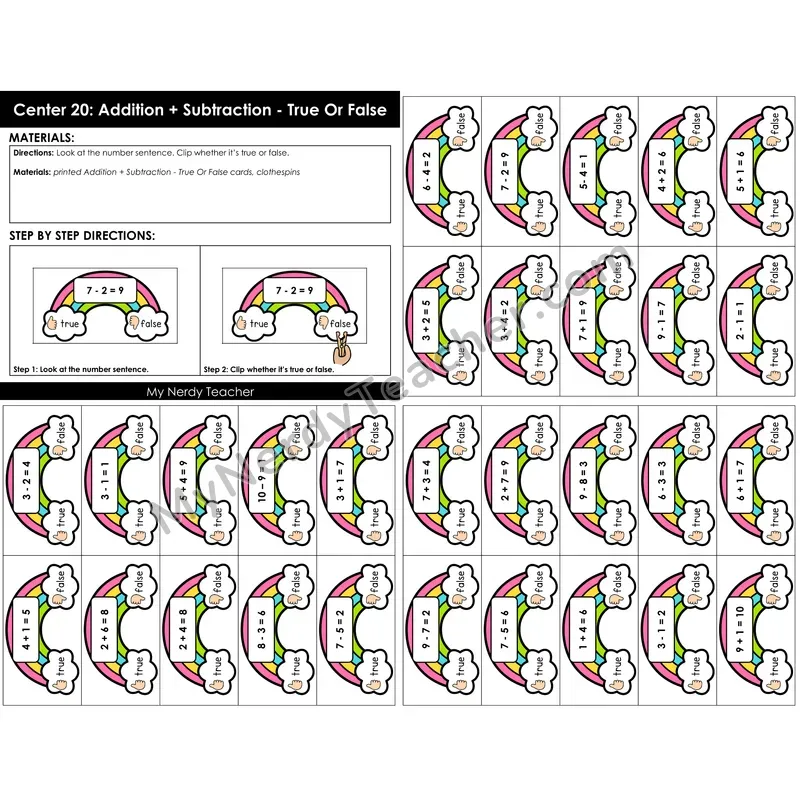 Morning Bins: Addition and Subtraction True or False Clip Cards — Spring Rainbow Theme
