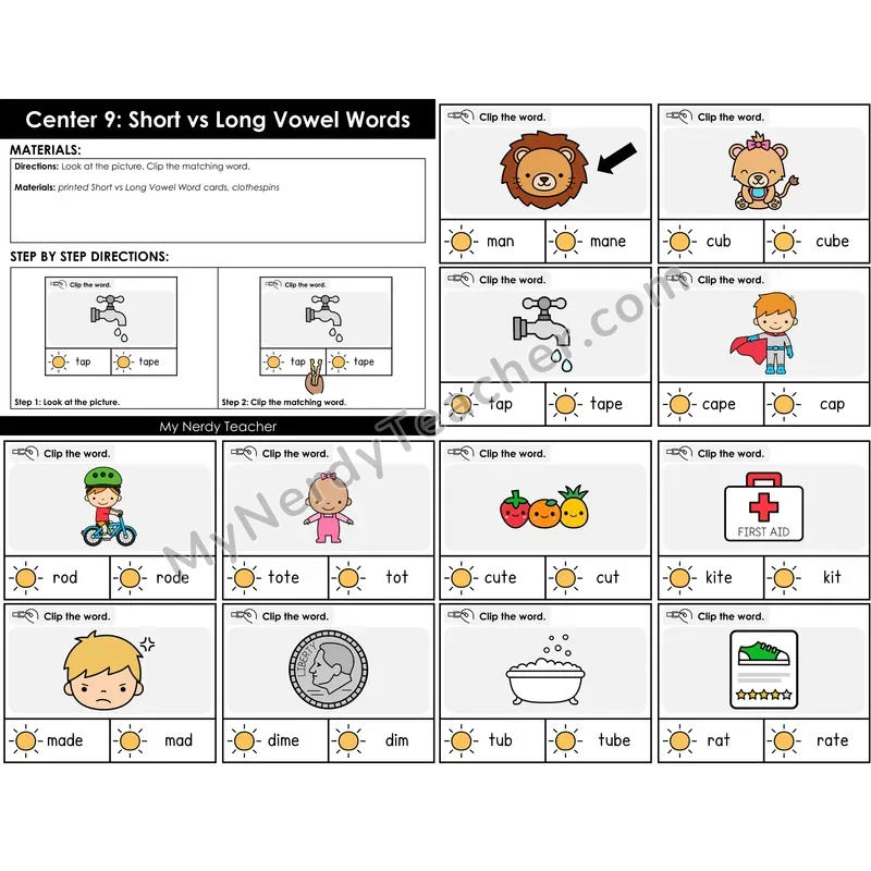 Morning Bins: Short vs Long Vowel Clip Cards — Spring Theme