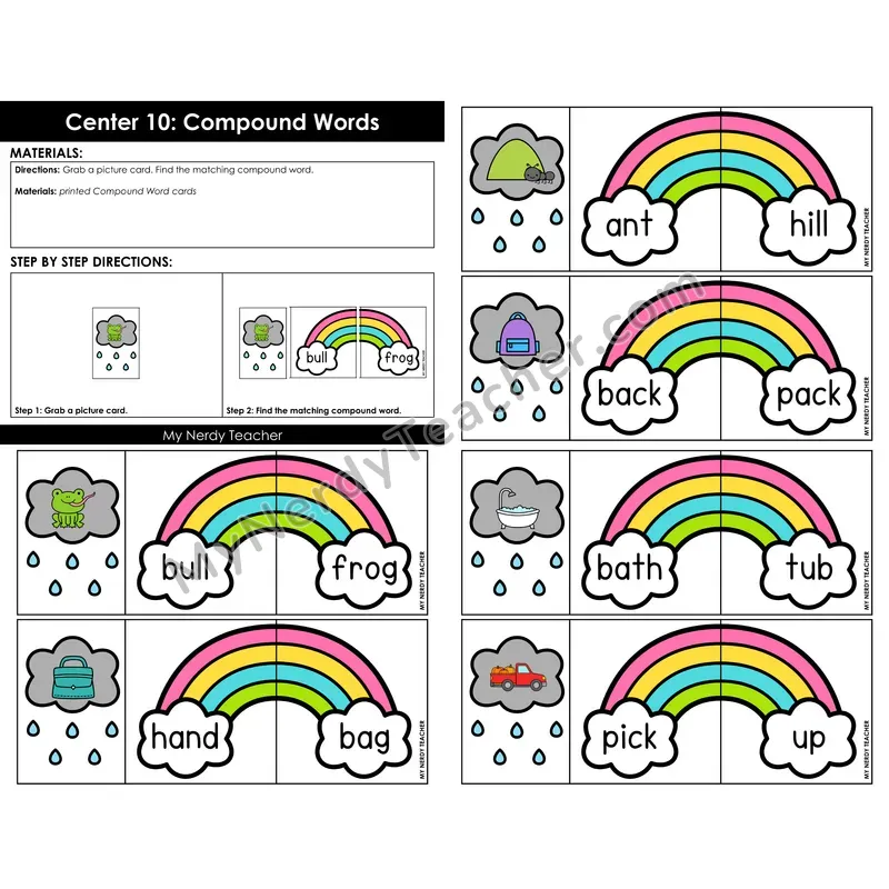 Morning Bins: Compound Words Picture Match Puzzles — Spring Rainbow Theme