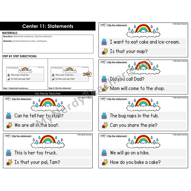 Morning Bins: Identify the Statement Clip Cards — Spring Rainbow Theme