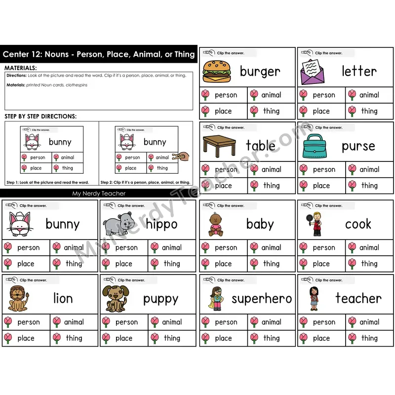 Morning Bins: Nouns Sort Clip Cards — Person, Place, Animal, or Thing