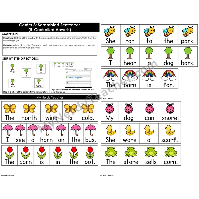 Morning Bins: Scrambled Sentences with R-Controlled Vowels — Spring Theme