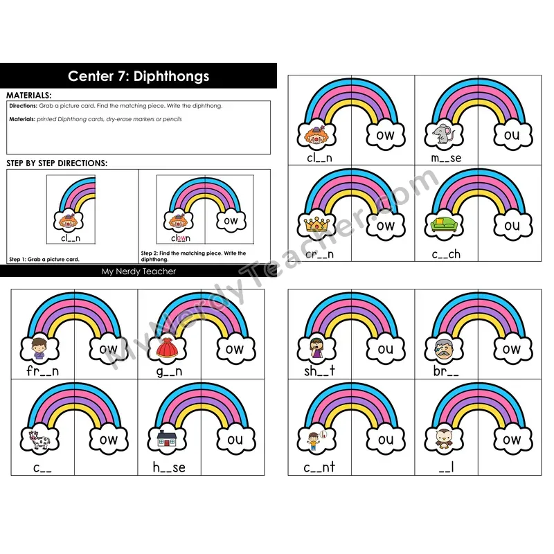 Morning Bins: Diphthongs Puzzle Cards — Spring Rainbow Theme (ow, ou)