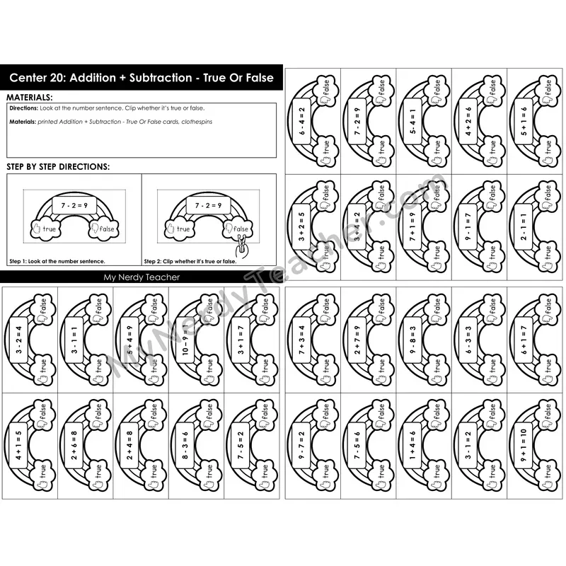 Morning Bins: Addition and Subtraction True or False Clip Cards — Spring Rainbow Theme